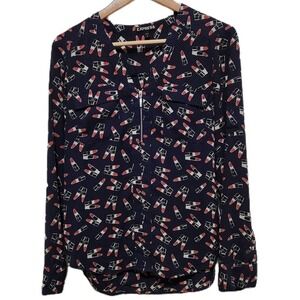 Express 1/4 Zip Novelty Lipstick Blouse Navy Blue Women's Size Small
